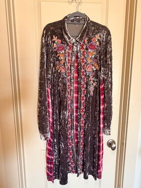 Embroidered Velvet & Plaid Mixed-Media Duster